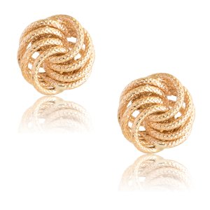 Σκουλαρίκια κόμποι από χρυσό 9Κ, με ιδιαίτερο πλέξιμο και λαμπερό ανάγλυφο σφυρήλατο φινίρισμα. Ιδανικά για τις καθημερινές σας εμφανίσεις!