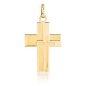 Σταυρός οικονομικός μικρός χρυσός 14Κ, με γεωμετρικό σχέδιο και ανάγλυφα στοιχεία, σε συνδυασμό ματ και λουστρέ επεξεργασίας. Μπορεί να συνδυαστεί με τις προτεινόμενες αλυσίδες.