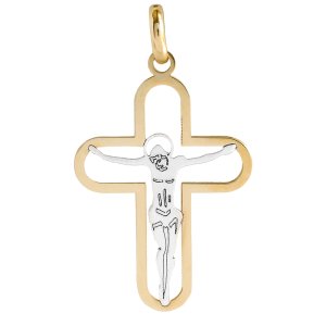 Σταυρός οικονομικός χρυσός 14Κ δίχρωμος, με τον Εσταυρωμένο, σε διάτρητο σχέδιο. Μπορεί να συνδυαστεί με τις προτεινόμενες αλυσίδες.