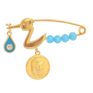 Παραμάνα πελαργός από ασήμι 925, επιχρυσωμένο, σε ξεχωριστό σχέδιο, διακοσμημένο με ματάκι και φυλαχτό με τον Ιησού. Ιδανικό δώρο για γέννηση ή βάπτιση!