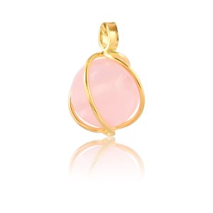 Κρεμαστό με ροζ πέτρα χρυσό 14Κ σε χειροποίητο σχέδιο. Η περιστροφική βάση αγκαλιάζει υπέροχα τον ροζ ημιπολύτιμο λίθο χαλαζία.