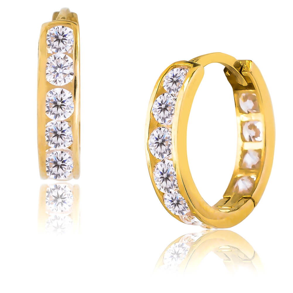 Κρικάκια με πέτρες χρυσά 14Κ 1.3 cm 50011 Κρικάκια με πέτρες χρυσά 14 καρατίων, σε μικρό μέγεθος, με διάμετρο 1.3 cm και πλάτος 3 mm. Τα κοσμούν λευκές πέτρες ζιρκόν. Ιδανικά για καθημερινές εμφανίσεις!