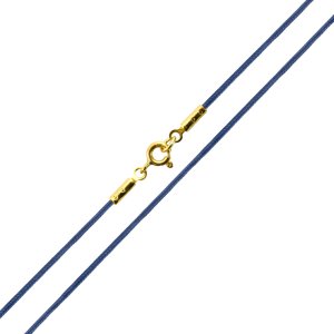 Κορδόνι για μενταγιόν ασήμι, σε χρώμα μπλε. Το κορδόνι είναι από συνθετικό ύφασμα με πλάτος 1 mm, με δυνατότηταεπιλογής του μήκους. Το κούμπωμα είναι από ασήμι 925 με κίτρινο επιχρύσωμα.