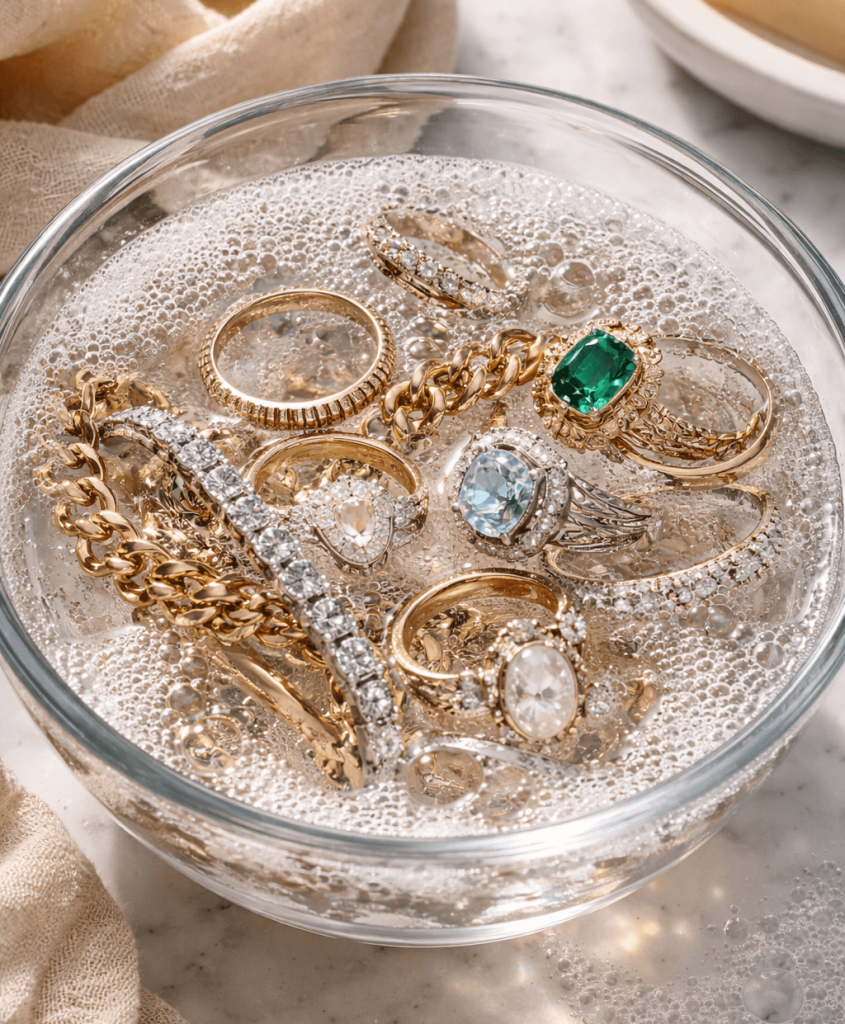 Καθαρισμός και συντήρηση κοσμημάτων από χρυσόΤα κοσμήματα από χρυσό τα θεωρούμε ανθεκτικά, ωστόσο με την πάροδο του χρόνου μπορεί να χάσουν τη λάμψη τους λόγω υπολειμμάτων από το δέρμα ή προϊόντων περιποίησης. Απλός καθαρισμός κοσμημάτων στο σπίτι Για τον τακτικό καθαρισμό: Χρησιμοποίησε χλιαρό νερό Πρόσθεσε ήπιο υγρό σαπούνι Καθάρισε απαλά με μια μαλακή βούρτσα Στέγνωσε με μαλακό πανί (π.χ. πανί για καθαρισμό των φακών των γυαλιών)